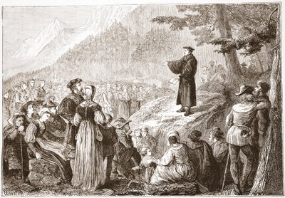 Um reformador suíço que Preaching a seu rebanho no campo aberto, ilustração da história do protestantismo por James Aitken Wylie (1808-1890), bar. 1878 de English School