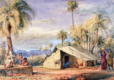 Um Toddy-Drawers Hut em um bosque de tamareiras, preside de Bombaim, Índia (wc no papel) de English School