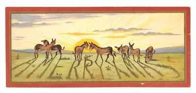 Um cartão de Natal vitoriano de um pôr do sol projetando sombras em uma fileira de burros que dizia "Feliz Natal", por volta de 1880 de English School