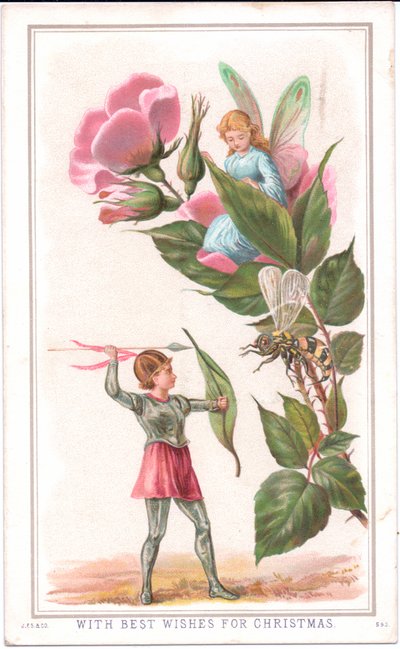 Um cartão de Natal vitoriano de uma fada sentada em uma rosa e outra fada jogando uma lança em uma vespa, c.1880 de English School