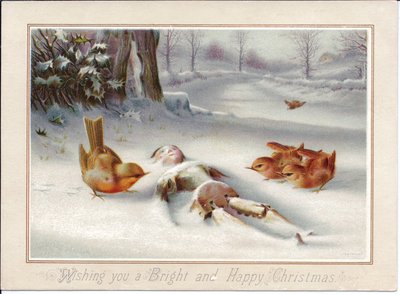 Um postal de Natal vitoriano de robbins a olhar para uma marioneta de madeira na neve, c.1880 (litografia a cores) de English School