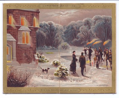 Um cartão de Natal vitoriano de skatistas com tochas flamejantes patinando em um lago congelado na frente de uma mansão com espectadores e um cachorro, c.1880 de English School