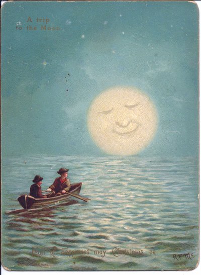 Um cartão de Natal vitoriano de dois rapazes num barco a remos numa noite de luar , c.1880 (cor litho) de English School