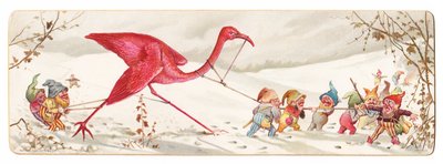 Um cartão de Natal vitoriano mostrando um grupo malicioso de elfos levando um flamingo capturado na neve c.1880 de English School