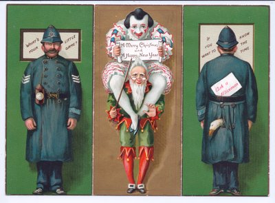 Um cartão de Natal vitoriano com um bobo da corte, palhaço e policial, c.1880 de English School