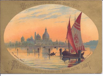 Um postal de Ano Novo vitoriano com um barco e gôndolas no mar Adriático, Veneza, c.1880 (litografia a cores) de English School