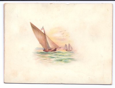 Um cartão de Ano Novo vitoriano com iates navegando ao luar, por volta de 1895 de English School