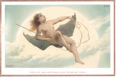 Um cartão vitoriano de um homem nu segurando uma vara e sentado em um par de enormes asas de morcego voando através das nuvens, c.1880 de English School