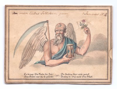 Um cartão de felicitações vitoriano do ceifeiro com uma foice e ampulheta segurando uma rosa, c.1815 (cor litho) de English School
