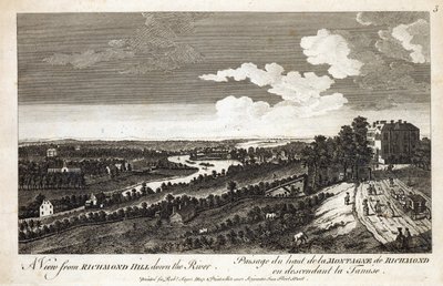 Uma vista de Richmond Hill descendo o rio, imprimida para Robert Sayer Map e Printseller, Fleet Street de English School