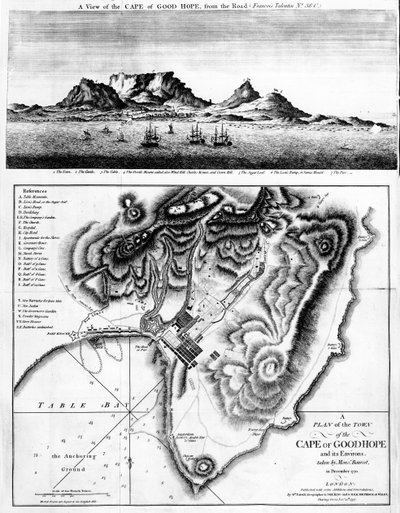 Vista do Cabo da Boa Esperança e um Plano da Cidade do Cabo da Boa Esperança e seus arredores, publicado em 1795 de English School