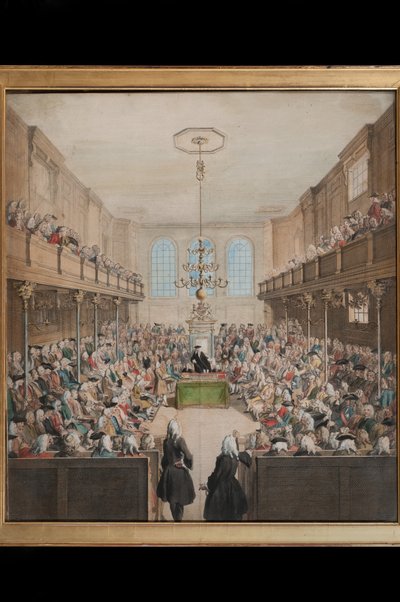 Vista da Câmara dos Lordes, gravada por B. Cole (fl.1748-75) (gravura colorida à mão) de English School