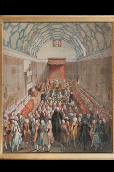Vista da Câmara dos Lordes, gravada por Benjamin Cole (fl.1748-75) c.1755 (gravura colorida à mão) de English School