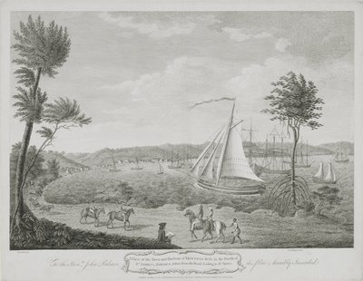 Uma vista da cidade e do porto de Montego Bay, na paróquia de St. James, Jamaica, tirada da estrada que leva a St. Ann&39;s, de "Spilsbury&39;s Views of Jamaica", 1770 de English School