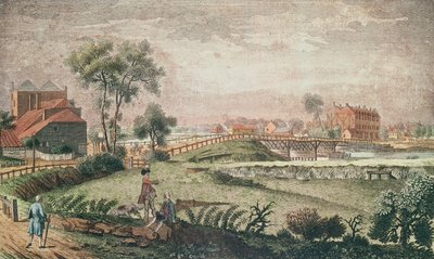 Uma visão do oeste da ponte de Chelsea, 1761 (gravura de cor) de English School