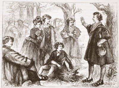 Um estudante de Wittemberg que Preaching no prado da Limão-árvore, ilustração da história do protestantismo por James Aitken Wylie (1808-1890), bar. 1878 de English School
