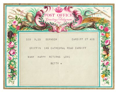 Um telegrama de saudações de aniversário, c.1950 (cor litho) de English School