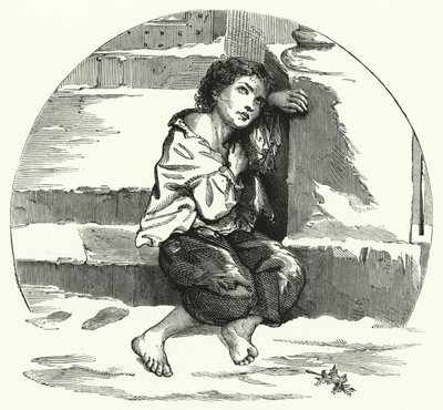 Um menino mendigando na neve (litho) de English School