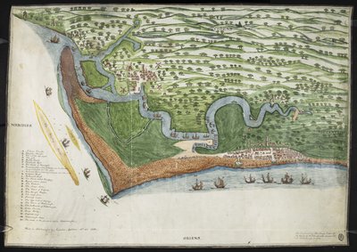 Uma cópia fac-símile colorida da vista de uma ave ou mapa da costa de Suffolk de Alderton a Aldborough, incluindo Orford Ness (vellum) de English School