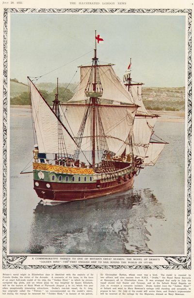Uma homenagem comemorativa a um dos grandes marinheiros da Grã-Bretanha: o modelo de Drakes Golden Hind, o primeiro navio inglês a navegar pelo mundo em 1577-80, da revista The Illustrated London News Royal Naval e Mi de English School