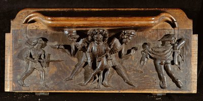 Um misericordioso danificado representando três homens lutando com adagas e espadas, New College Chapel, Oxford, final do século XIV (madeira) de English School