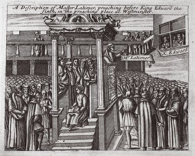 Uma descrição de Mestre Latimer, pregando antes do rei Edward o sexto na pregação em Westminster, ilustração de Atos e Monumentos de John Foxe, nona edição, pub. 1684 de English School