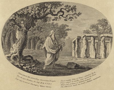Um, druid, levando, cuttings, com, um, foice, ao lado, um, antiga, monumento de English School