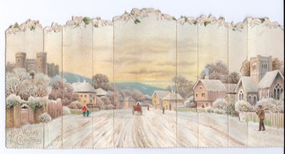 Um concertina dobrável cartão de Natal vitoriano de um castelo e igreja e um homem carregando uma pá na neve, c.1880 de English School