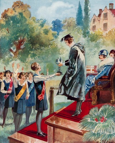 Um triunfo da quarta classe: uma aluna recebe um troféu (litografia a cores) de English School