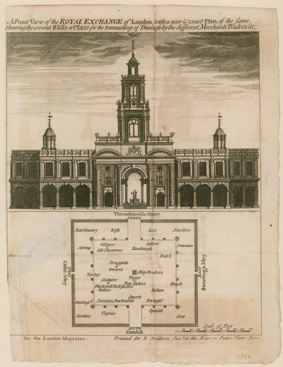 Uma vista frontal do Royal Exhange de Londres com um novo e exato plano do mesmo de English School