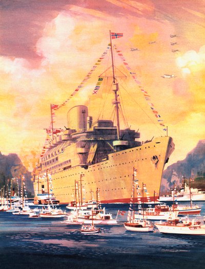 Um grande momento na história da Linha Real do Correio, os Andes chegam a Oslo em 1945 (cor litho) de English School