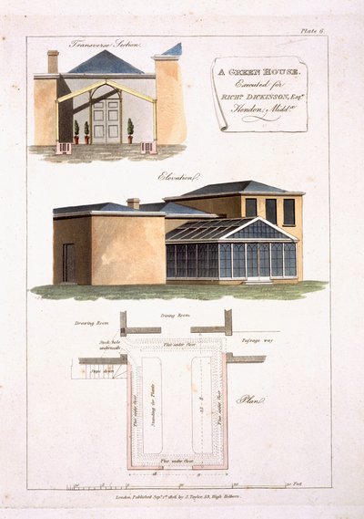 Uma estufa com detalhes góticos anexado a uma casa de estilo neoclássico para Richard Dickinson Esq em Hendon, Middlesex, 1806 de English School