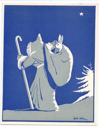 Um postal de Natal Pochoir francês colorido à mão do Pai Natal em silhoutte, caminhando com uma bengala, transportando um saco com um coelho e um urso, cerca de 1920 (stencil) de English School
