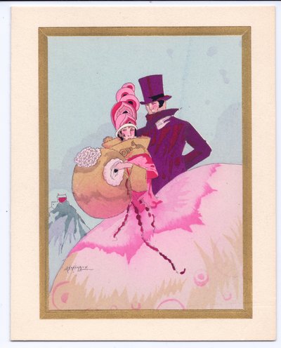 Um cartão de Natal Pochoir francês colorido à mão de uma senhora da Regência um muff, acompanhado por um cavalheiro de cartola, por volta de 1920 de English School