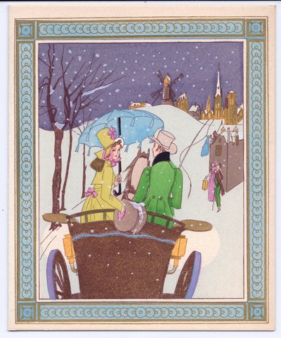 Um cartão de Natal francês Pochoir colorido à mão de um casal Rencecy em uma carruagem aberta andando pela neve, por volta de 1920 de English School