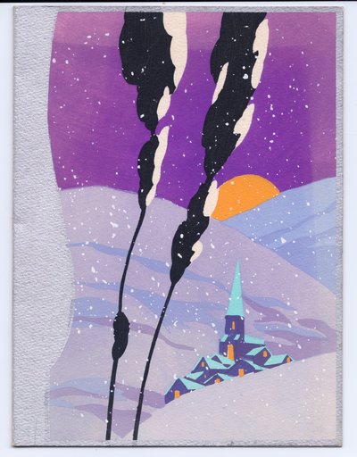 Um cartão de Natal francês Pochoir colorido à mão com uma cena de neve nas montanhas de um sol poente e uma igreja, por volta de 1920 de English School