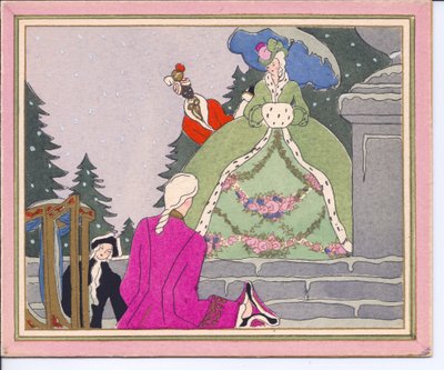 Um cartão de Natal francês Pochoir colorido à mão de um homem de peruca que desce de uma cadeira de sedã e é recebido por uma senhora com um casaco forrado de pele de arminho com seu criado preto, por volta de 1920 de English School