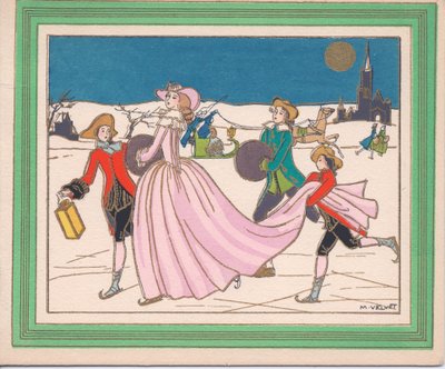 Um cartão de Natal de Pochoir francês colorido à mão de uma senhora em um vestido rosa esvoaçante patinando no gelo com atendentes segurando uma lanterna e seu rastro, por volta de 1920 de English School
