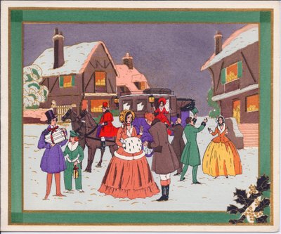 Um cartão de Natal de Pochoir francês colorido à mão mostrando uma cena de aldeia com uma carruagem e cavalos, por volta de 1920 de English School