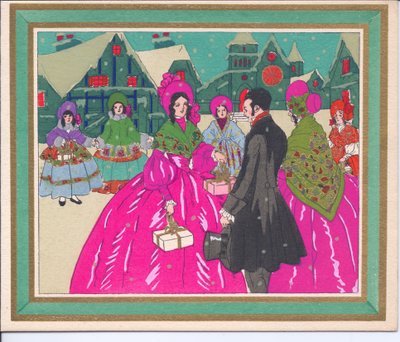 Um cartão de Natal francês Pochoir colorido à mão, de senhoras em vestidos de crinolina e um cavalheiro de casaco e cartola, por volta de 1920 de English School