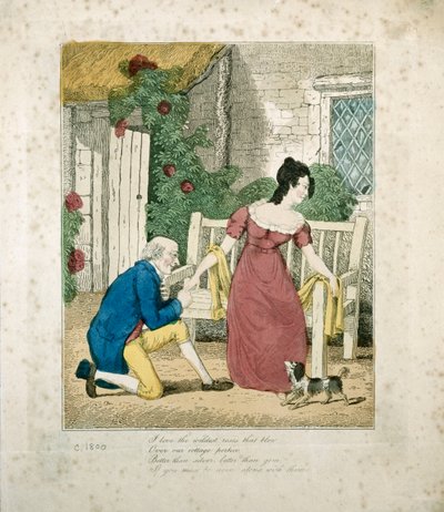 Uma cena litografada colorida à mão de um homem que propõe, c.1800 de English School