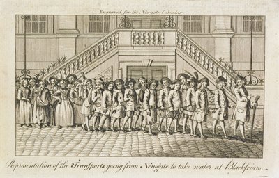 Uma linha de prisioneiros acorrentados da Prisão de Newgate, Old Bailey, sendo levados para Blackfriars para o transporte, c.1760 de English School