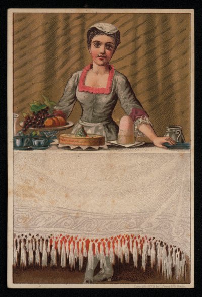 Uma empregada ou uma garota servindo uma mesa com comida, cartão de felicitações. (chromolitho) de English School