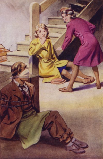 Um homem amarrado, amordaçado e sentado no chão enquanto duas raparigas olham para o chão (cor litho) de English School