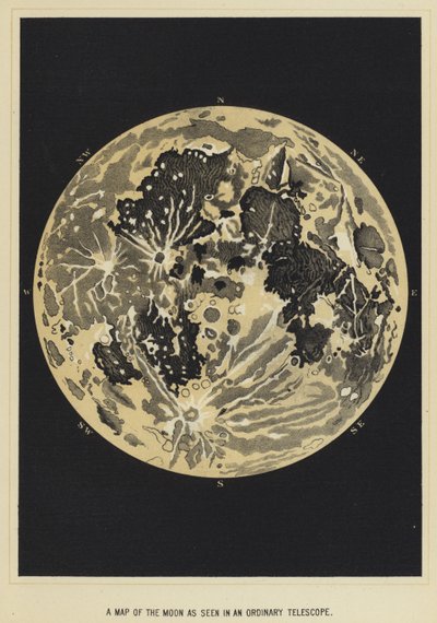 Um mapa da lua como visto em um telescópio comum de English School