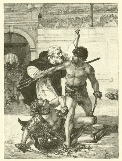 Um monge, Telémaco, a tentar impedir os jogos de gladiadores no Coliseu, em Roma (gravura) de English School