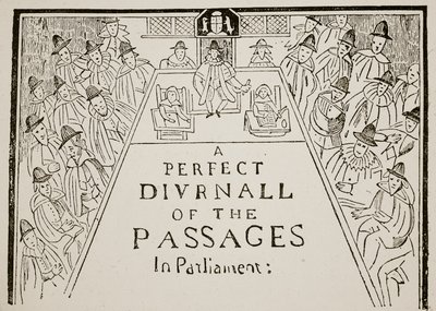 Um título de jornal, do século XVII, ilustração de Hutchinsons História da nação britânica, c.1923 de English School