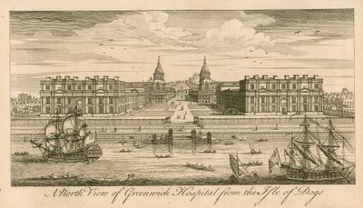 Vista norte do Greenwich Hospital, em Londres, a partir da Ilha dos Cães de English School