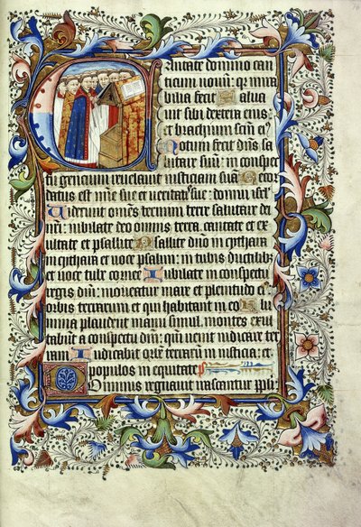Uma página de um saltério em latim, com uma inicial historiada representando um grupo de monges diante de um púlpito entoando, c.1455 de English School