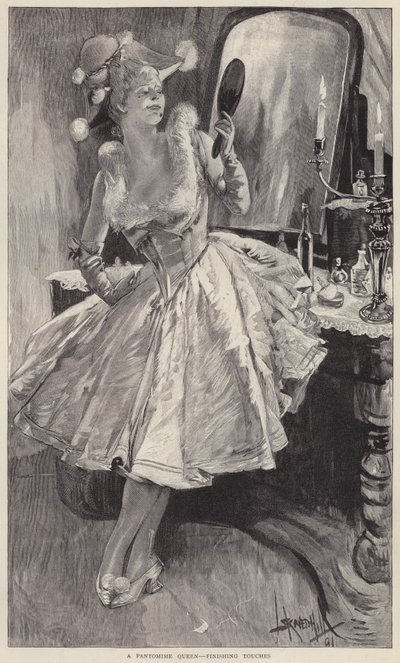 Uma rainha pantomima a dar os retoques finais à sua maquilhagem (litho) de English School